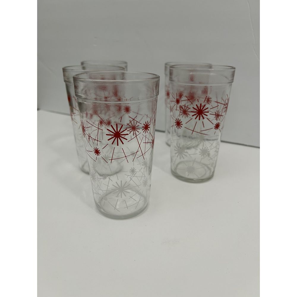 5 Vintage Hazel Atlas Red &White Atomic Starburst 5.5" Glass Tumblers SKU 1484 - Picture 5 of 7